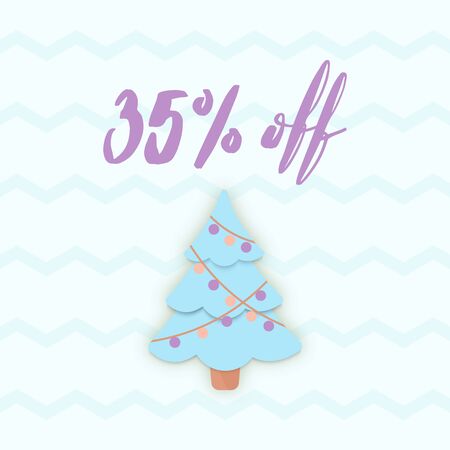 Vector Christmas SALE banner. 35% OFF discount poster. Papercut Xmas Tree and Zig Zag cover. Simple oucher, Shop Window Decal Sign, store sticker, signage, layout.のイラスト素材