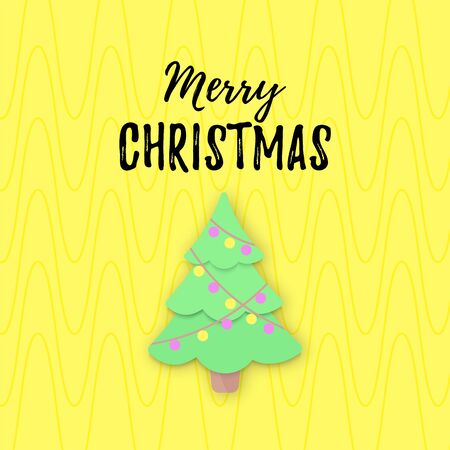 Vector Merry Christmas banner with pastel papercut Christmas Tree isolated on yellow. Cute Xmas bloggers card, website poster, layout, add. Textured. Typographyのイラスト素材