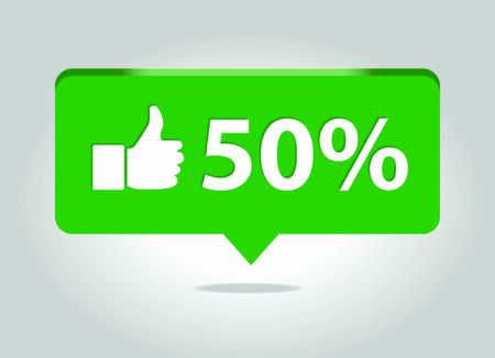 Sale price vector icon with thumbs up gesture. 50% off green banner.のイラスト素材