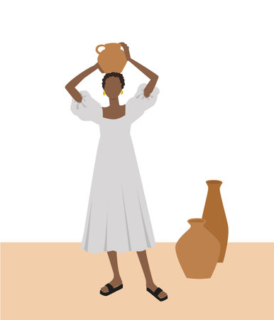 Illustration of black woman in a light dress holding a vaseのイラスト素材
