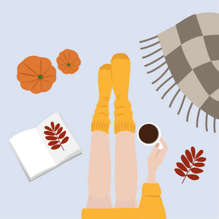 Autumn cozy day at home. llustration of a girl in yellow socks, a cup of coffee, a blanket and a notebook.のイラスト素材