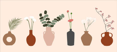 vector illustration. of ceramic vases, branches and flowers. Trendy potted for home interior. boho style.のイラスト素材