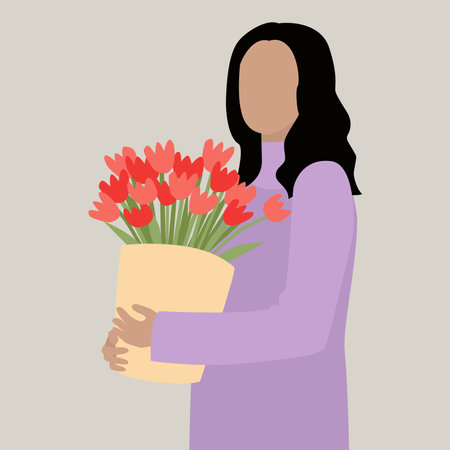 Woman with bouquet of tulips. Vector illustration in flat styleのイラスト素材