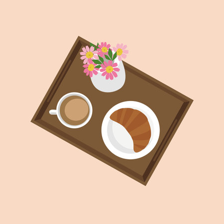 Delicious breakfast on a wooden tray. Illustration of a croissant, a cup of coffee and a vase of flowers.のイラスト素材