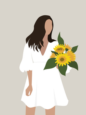Girl with sunflowers in a white dress. vector illustration.のイラスト素材