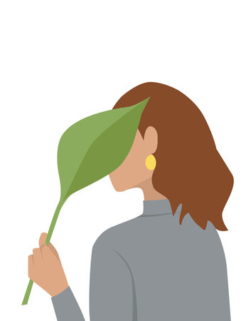 Woman holding a green leaf. Vector illustration in flat design style.のイラスト素材