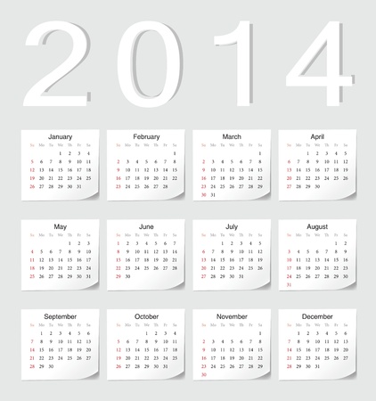 European 2014 vector calendar with shadow anglesのイラスト素材