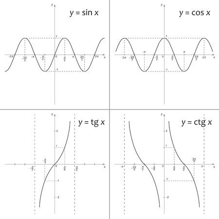 Vector illustration of mathematics functions y=sin x, y=cos x, y=tg x, y=ctg xのイラスト素材