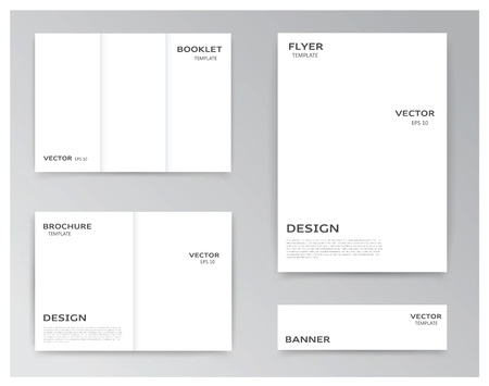 Vector collection of templates on white background: booklet, brochure, flyer and banner. You can use it for your layouts and prepare your work for polygraphy. Eps file has layers with clipping mask, that helps you easily add your own background.のイラスト素材