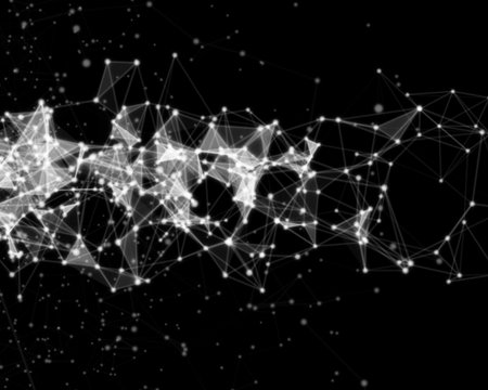 Abstract digital background with blue cybernetic particles on black background.