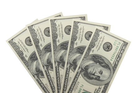 The five hundreds dollar banknotes isolated on a white background