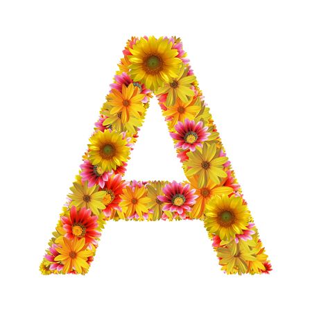 Letter A created of flowers isolated on white background の写真素材