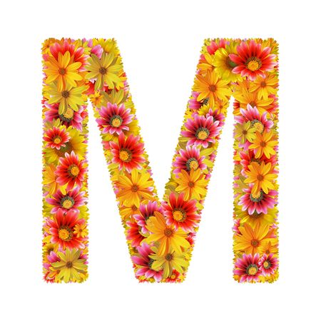 Letter M created of flowers isolated on white background の写真素材