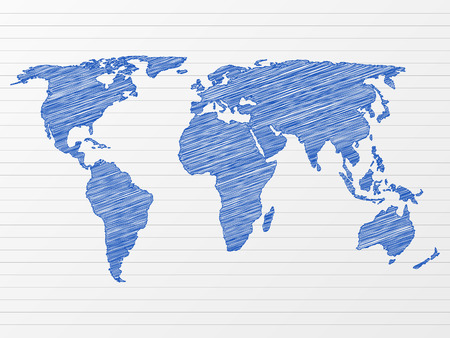 Drawing world map on a notepad sheet. Vector illustration.のイラスト素材