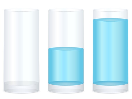 Empty, half and full water glass on a white background. Vector illustration.のイラスト素材