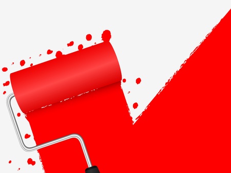 Paint roller applying red paint to a grey wall.のイラスト素材