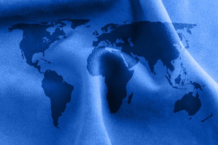 Blue cloth texture with world map.の写真素材