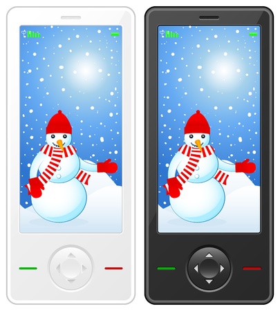 Mobile phones with snowman on a white backgroundのイラスト素材