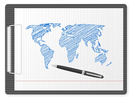 Clipboard with drawing world map. Vector illustration.のイラスト素材