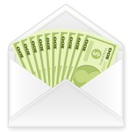 Open envelope containing dollar banknotes on a white background. Vector illustration.のイラスト素材
