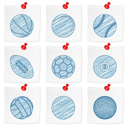 Paper note and drawing sport ball on a white background  Vector illustration のイラスト素材