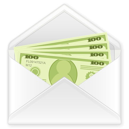 Open envelope containing dollar banknotes on a white background illustration のイラスト素材