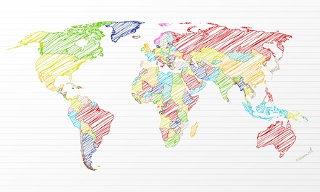 Color drawing political world map on a notepad sheet のイラスト素材