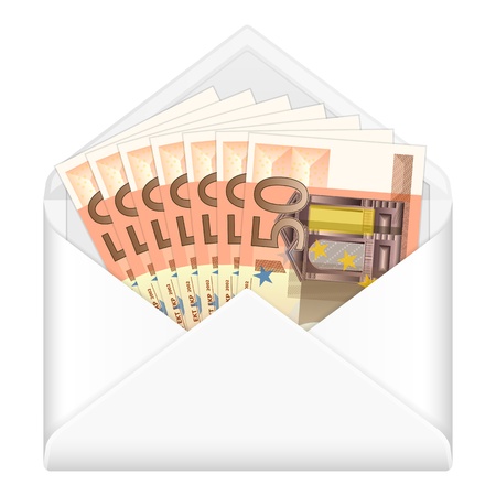 Open envelope containing fifty euro banknotes on a white background illustration.のイラスト素材