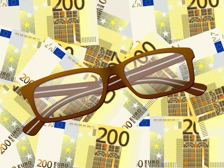 Reading glasses on two hundred euros background. のイラスト素材