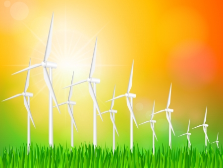Wind generators on a grassy field. Vector illustration.のイラスト素材