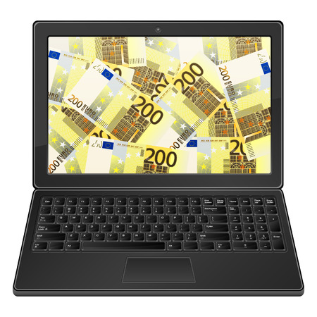Laptop with two hundred euro banknotes on a white background.のイラスト素材
