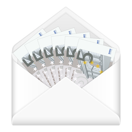 Open envelope containing five euro banknotes on a white background. Vector illustration.のイラスト素材
