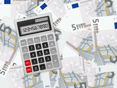 Calculator on five euros background. のイラスト素材