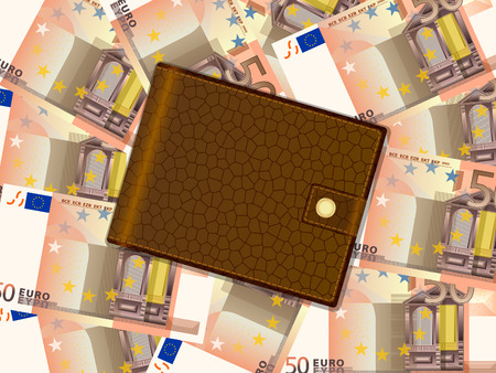 Wallet on fifty euro banknotes background. Vector illustration.のイラスト素材