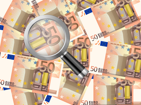 Magnifying glass on fifty euro background. Vector illustrationのイラスト素材