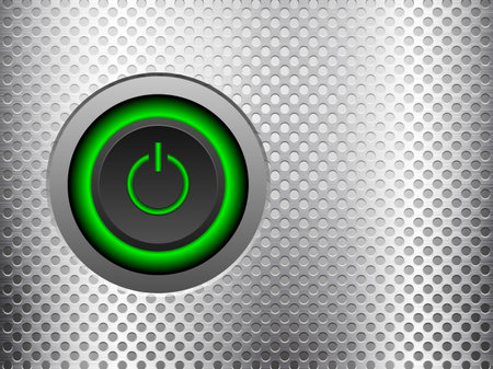 Power button knob on a metal background.