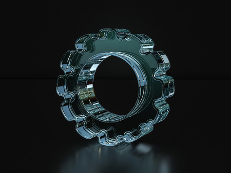 Glass gear symbol on a black background. 3D illustration.の写真素材