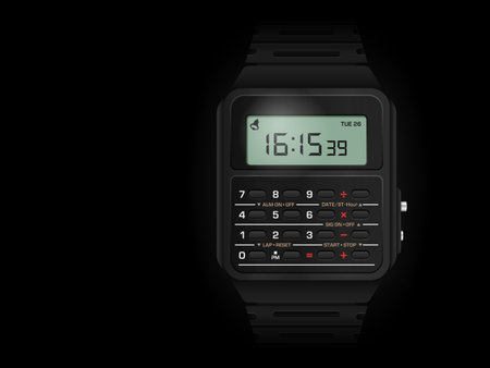 Calculator digital watch on a black background.