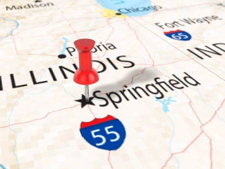 Pushpin on Springfield map background. 3d illustration.