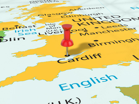 Pushpin on Cardiff map background. 3d illustration.の写真素材