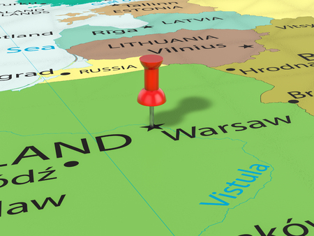 Pushpin on Warsaw map background. 3d illustration.の写真素材