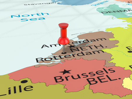 Pushpin on Rotterdam map background. 3d illustration.