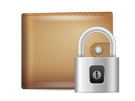 Leather wallet and padlock on a white background.のイラスト素材