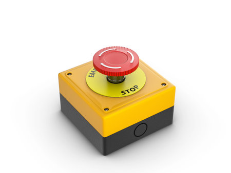 Emergency stop button on a white background. 3d illustration.