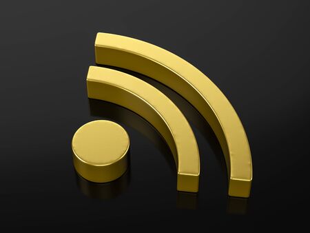 Gold RSS symbol on a black background. 3d illustration.の写真素材