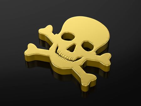 Gold skull symbol on a black background. 3d illustration.の写真素材