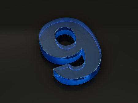 Glass number nine on black background. 3d illustration.