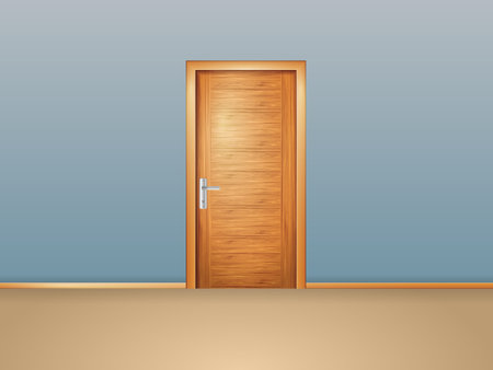 Closed wooden door in the empty room. Vector illustration.のイラスト素材