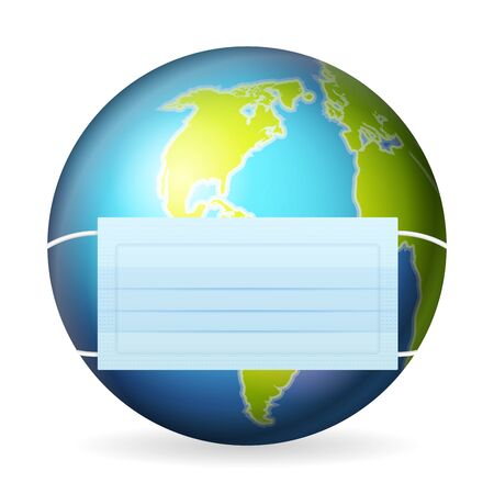 World globe with medical mask on a white background. Vector illustration.のイラスト素材