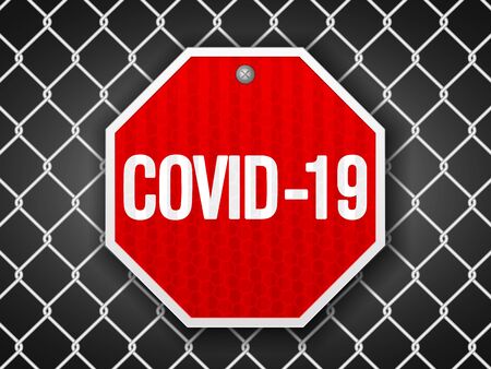 Covid-19 sign on wire fence background. Vector illustration.のイラスト素材